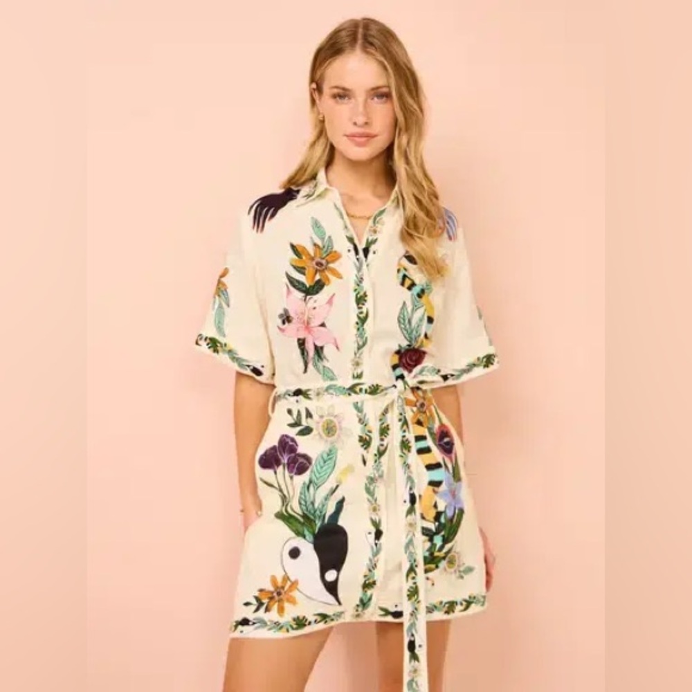 Commense Print Collared Belted Short Dress